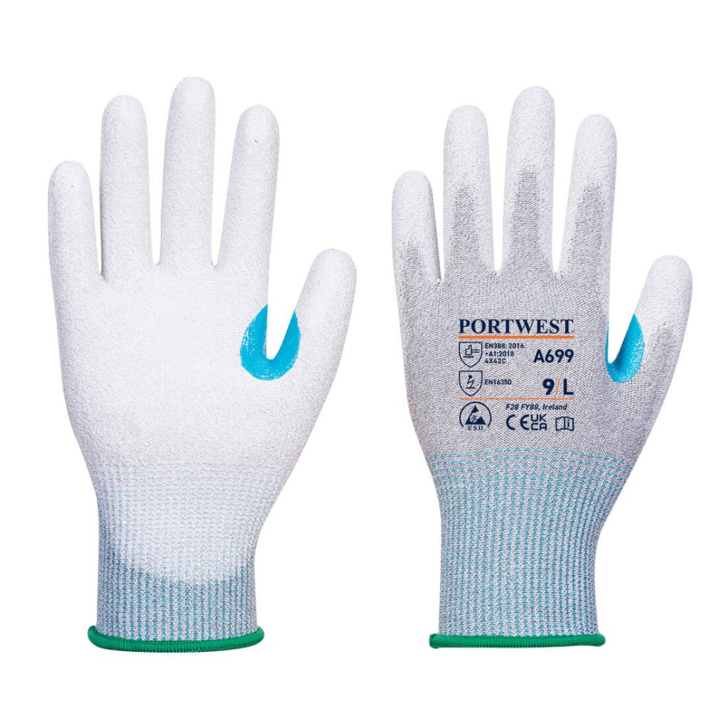 A pair of grey work gloves with a textured grip palm and adjustable wrist closure, designed for general site use.