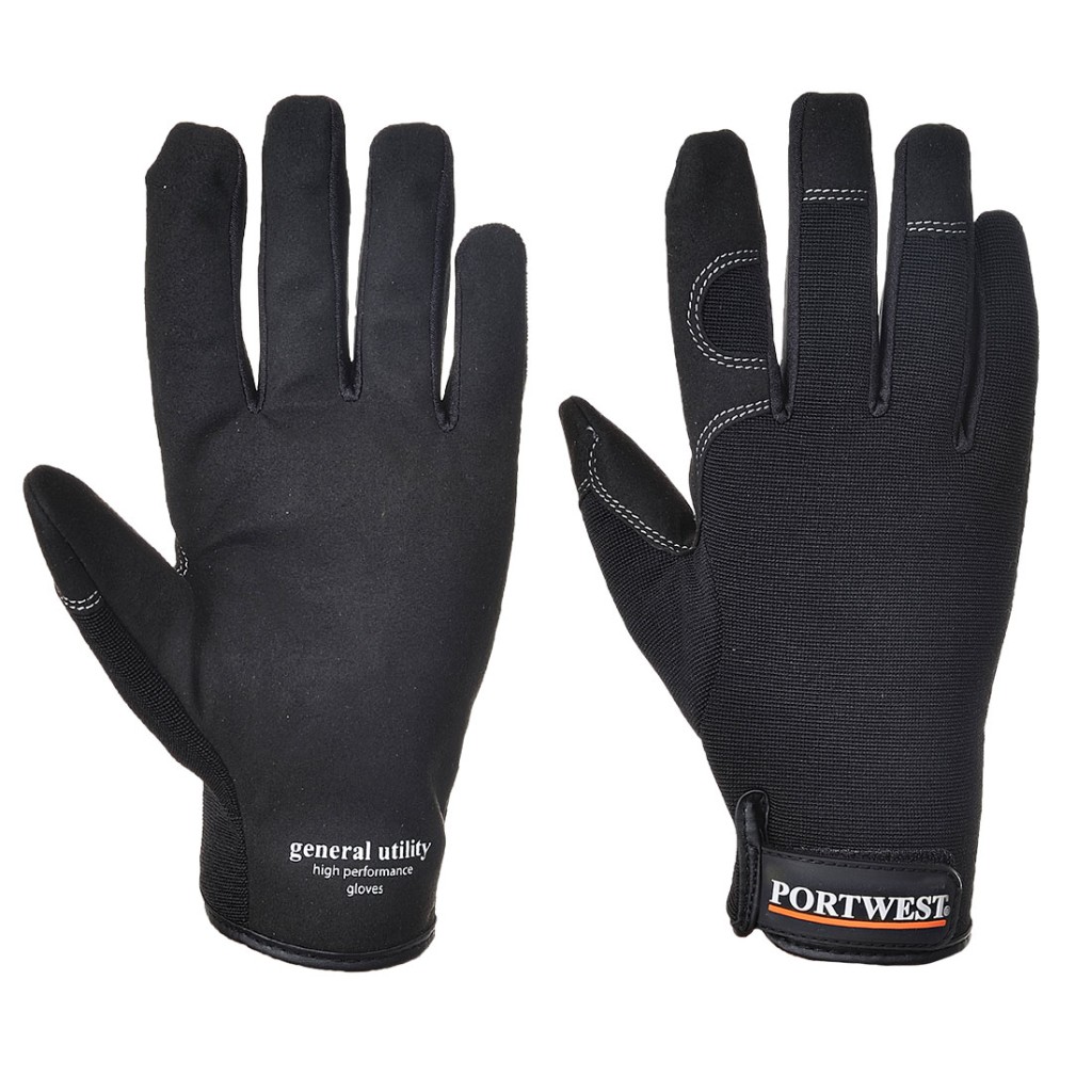 A pair of black work gloves with a textured grip palm and adjustable wrist closure, designed for general site use.