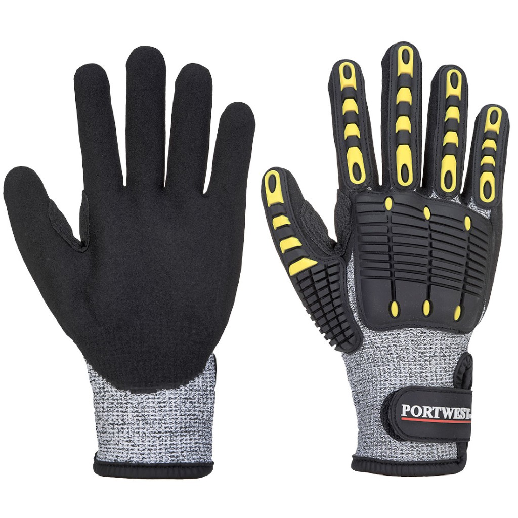 A pair of grey disposable nitrile gloves with a textured fingertip for grip, offering protection against chemicals and contaminants.