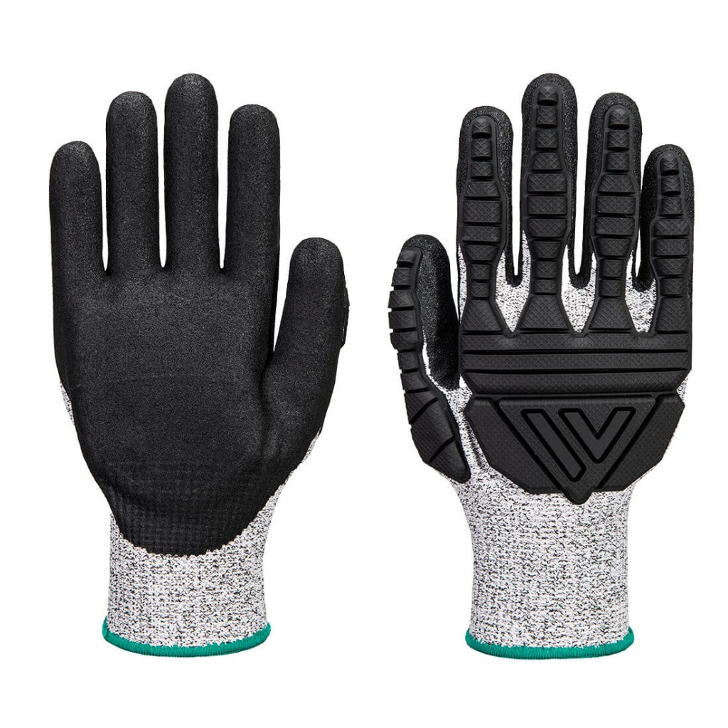 A pair of grey disposable nitrile gloves with a textured fingertip for grip, offering protection against chemicals and contaminants.