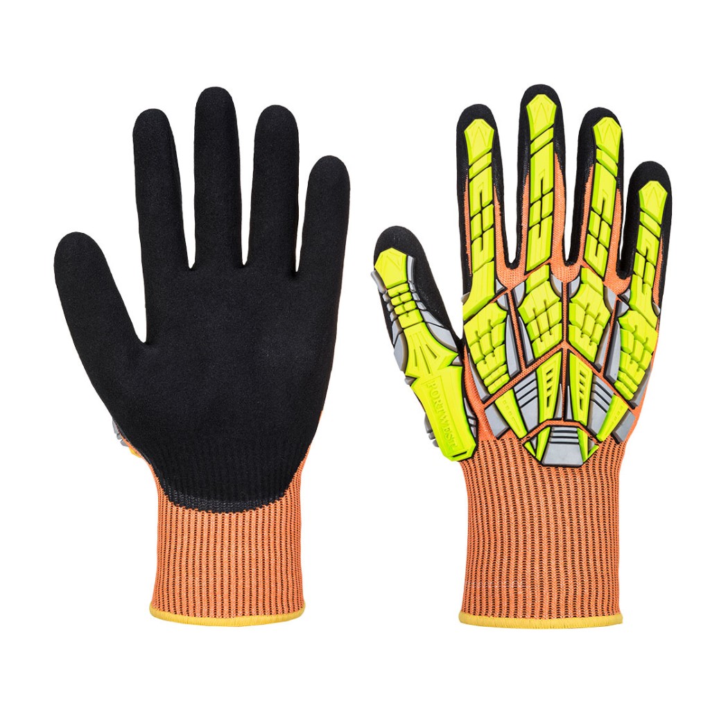 A pair of orange disposable nitrile gloves with a textured fingertip for grip, offering protection against chemicals and contaminants.