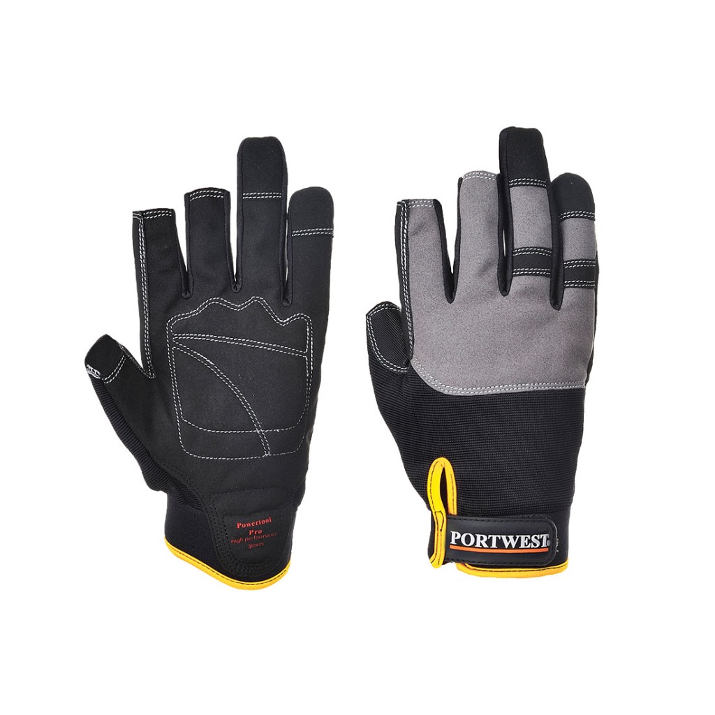 A pair of black work gloves with a textured grip palm and adjustable wrist closure, designed for general site use.