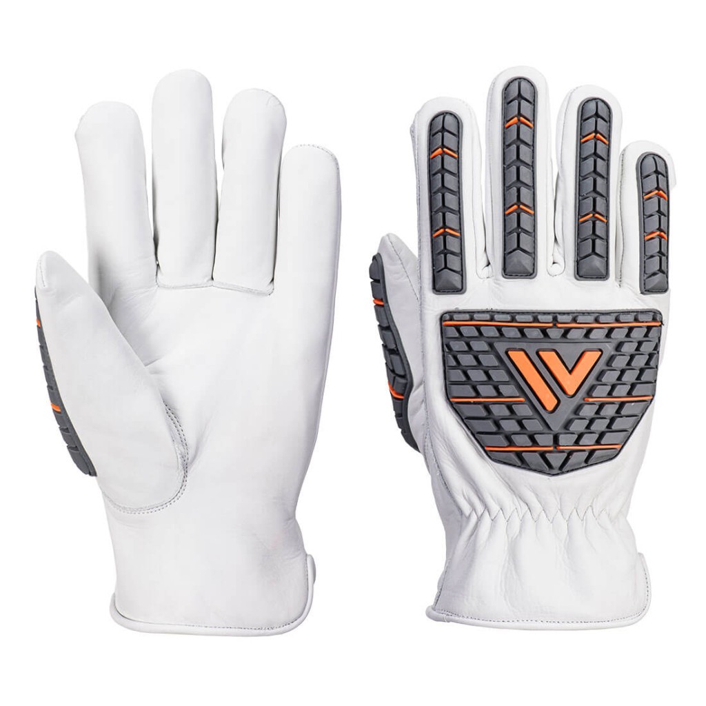 A pair of white leather work gloves with a reinforced palm and adjustable wrist strap, offering durable hand protection.