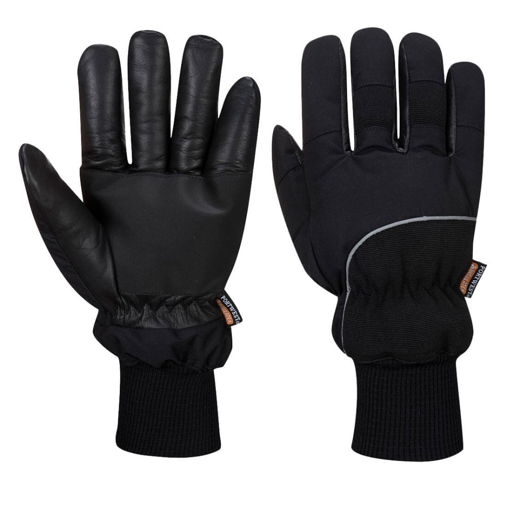 A pair of black waterproof work gloves with a grip-textured palm and adjustable wrist closure, suitable for wet outdoor conditions.