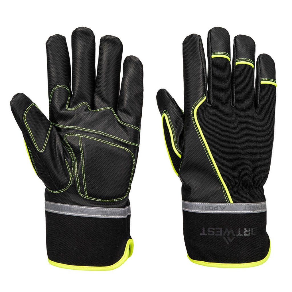 A pair of black waterproof work gloves with a grip-textured palm and adjustable wrist closure, suitable for wet outdoor conditions.