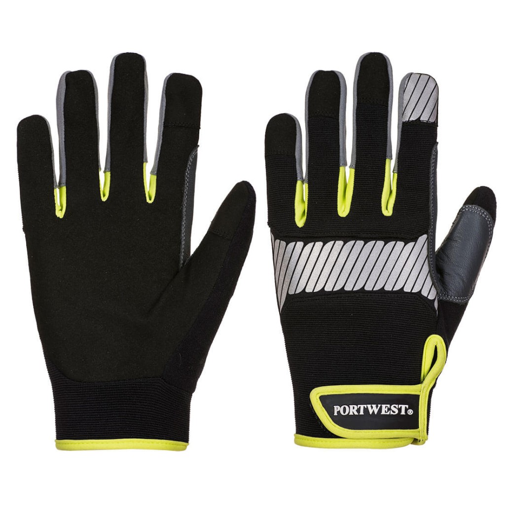A pair of black work gloves with a textured grip palm and adjustable wrist closure, designed for general site use.