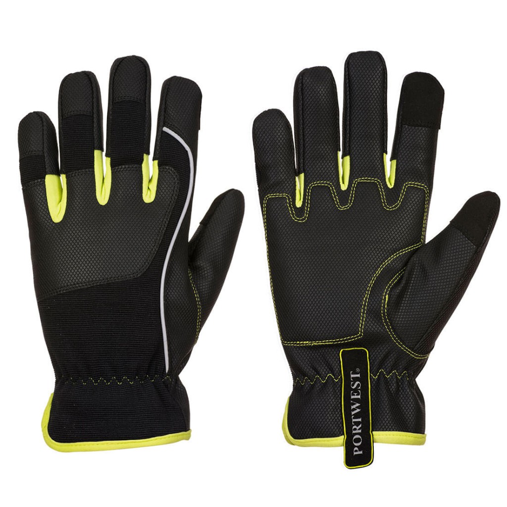 A pair of black work gloves with a textured grip palm and adjustable wrist closure, designed for general site use.