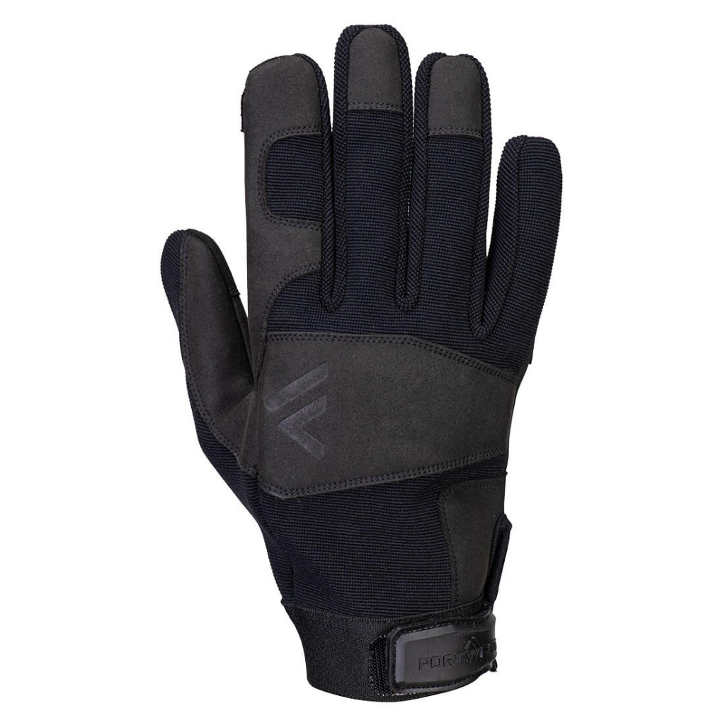 A pair of black work gloves with a textured grip palm and adjustable wrist closure, designed for general site use.