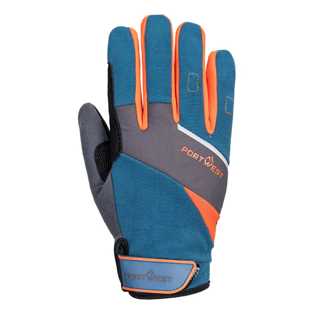 A pair of blue work gloves with a textured grip palm and adjustable wrist closure, designed for general site use.
