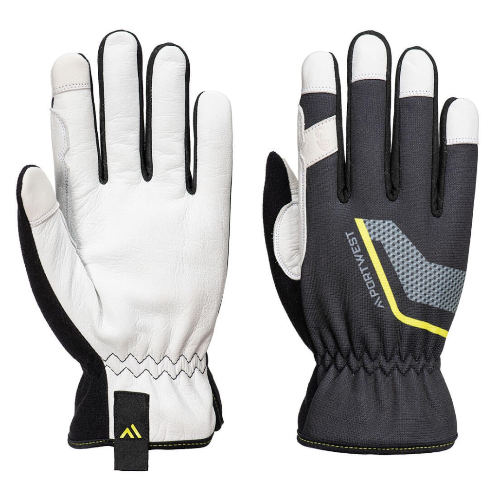 A pair of black leather work gloves with a reinforced palm and adjustable wrist strap, offering durable hand protection.