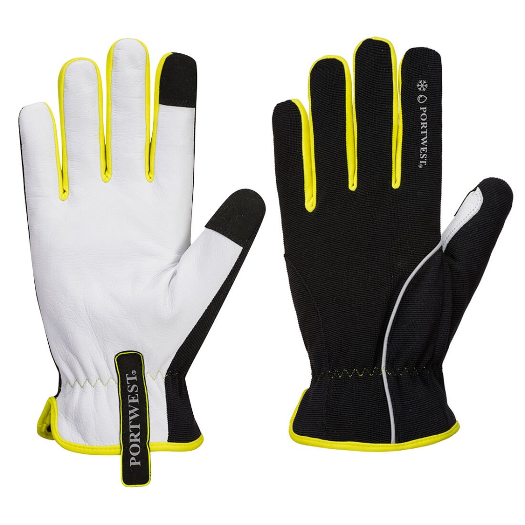 A pair of black leather work gloves with a reinforced palm and adjustable wrist strap, offering durable hand protection.