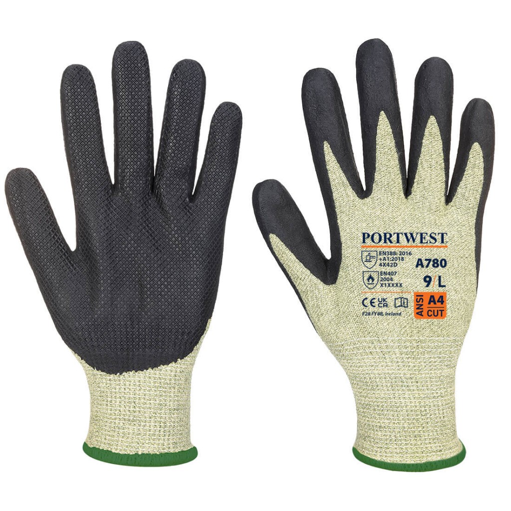 A pair of green work gloves with cut-level D13 protection, a textured grip palm, and an elasticated cuff for a secure fit.