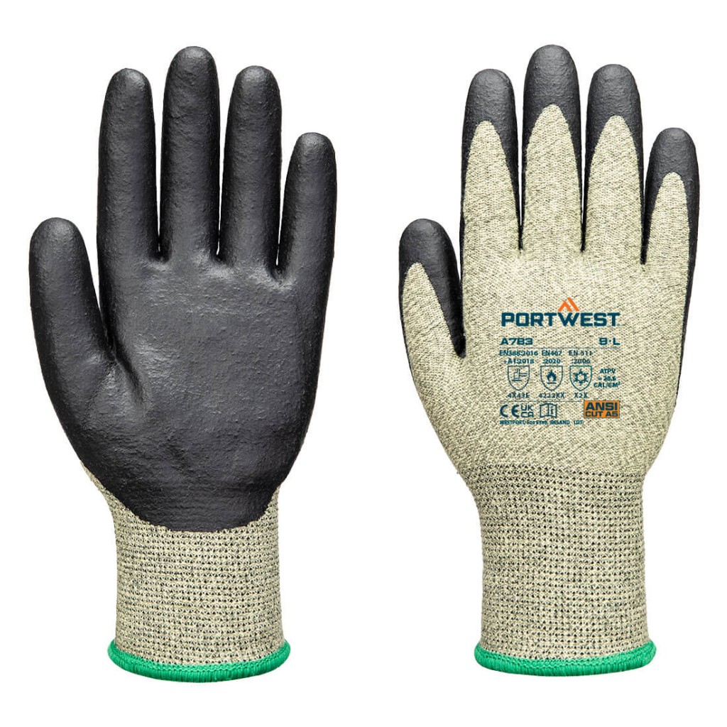 A pair of green work gloves with cut-level F13 protection, a textured grip palm, and an elasticated cuff for a secure fit.