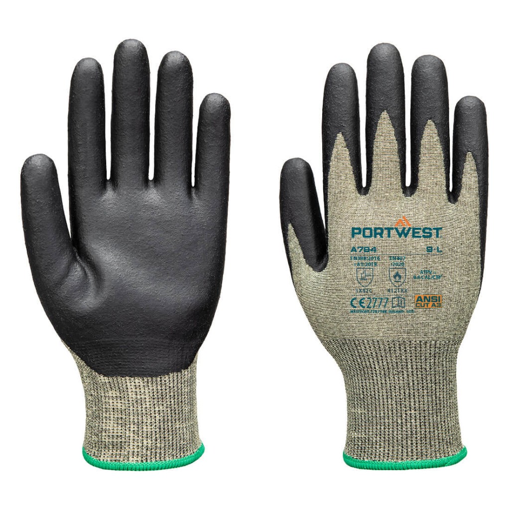 A pair of green work gloves with cut-level C18 protection, a textured grip palm, and an elasticated cuff for a secure fit.