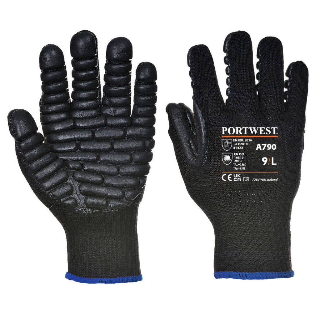 A pair of black anti-vibration gloves with a padded palm and gel insert, designed to reduce hand-arm vibration exposure.