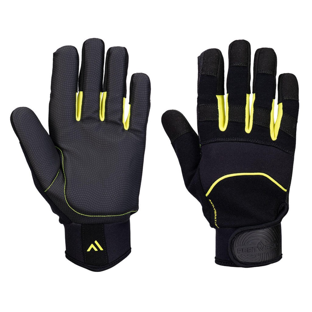 A pair of black anti-vibration gloves with a padded palm and gel insert, designed to reduce hand-arm vibration exposure.