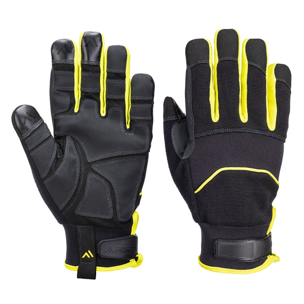 A pair of black work gloves with a textured grip palm and adjustable wrist closure, designed for general site use.
