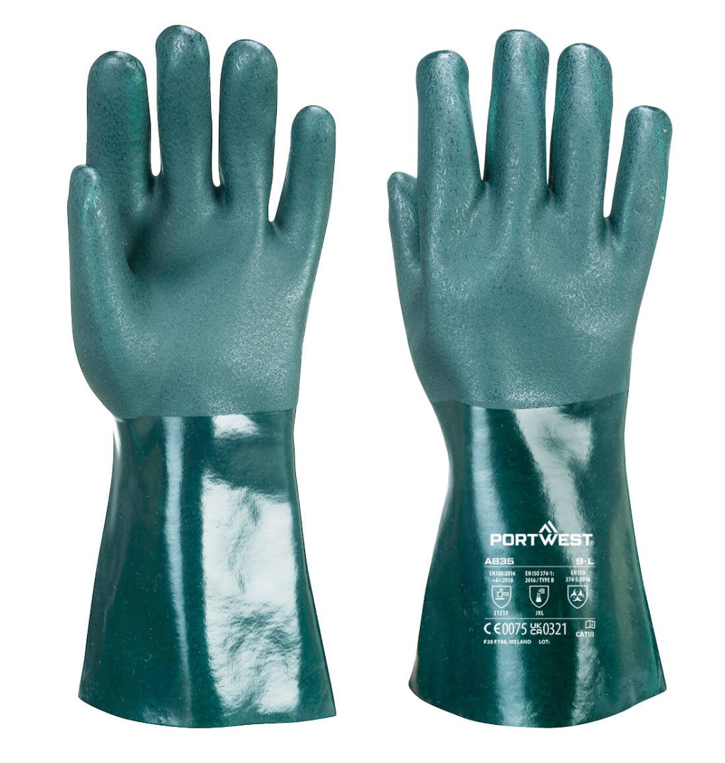 A green workwear garment designed for use on construction sites and in industrial work environments.,