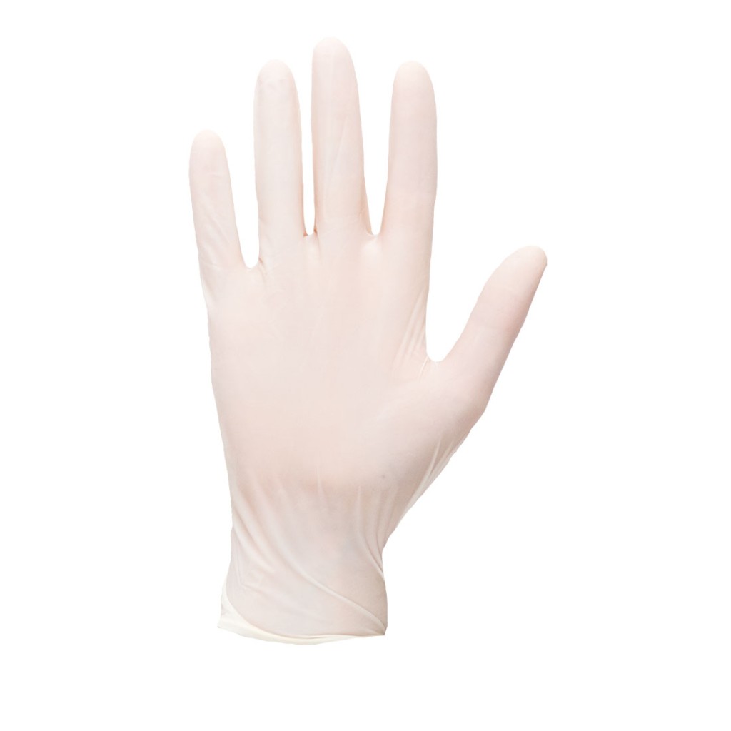 A pair of white disposable nitrile gloves with a textured fingertip for grip, offering protection against chemicals and contaminants.