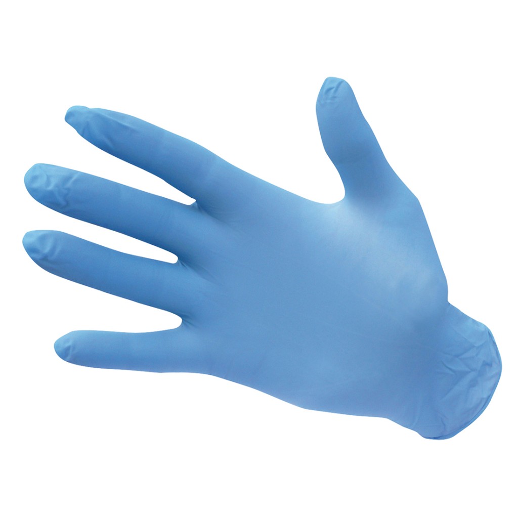 A pair of blue disposable nitrile gloves with a textured fingertip for grip, offering protection against chemicals and contaminants.