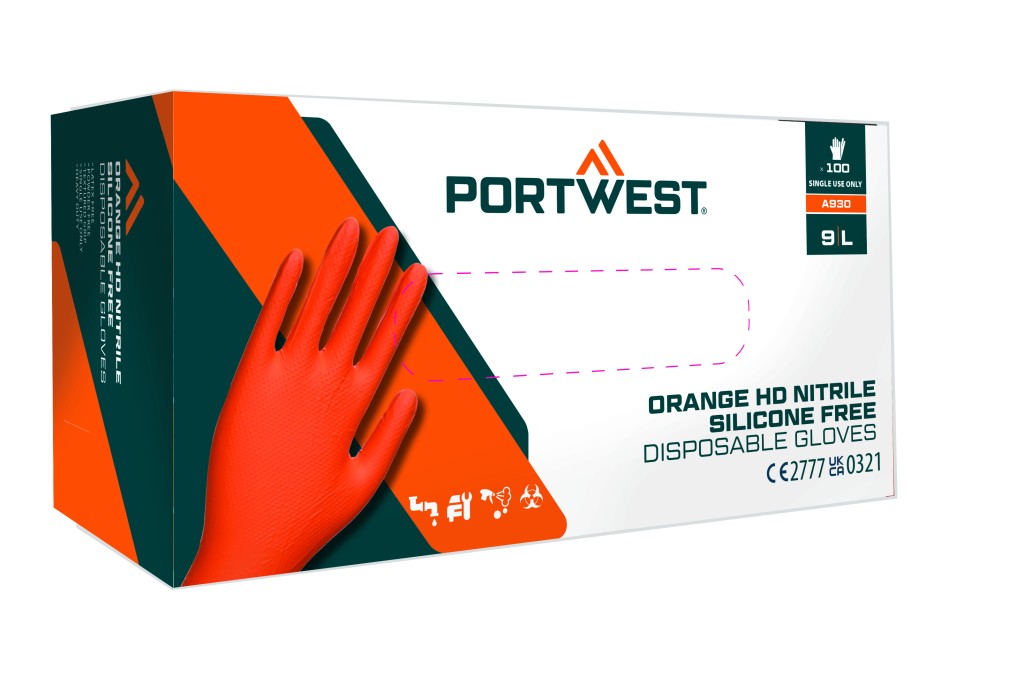 A pair of orange disposable nitrile gloves with a textured fingertip for grip, offering protection against chemicals and contaminants.