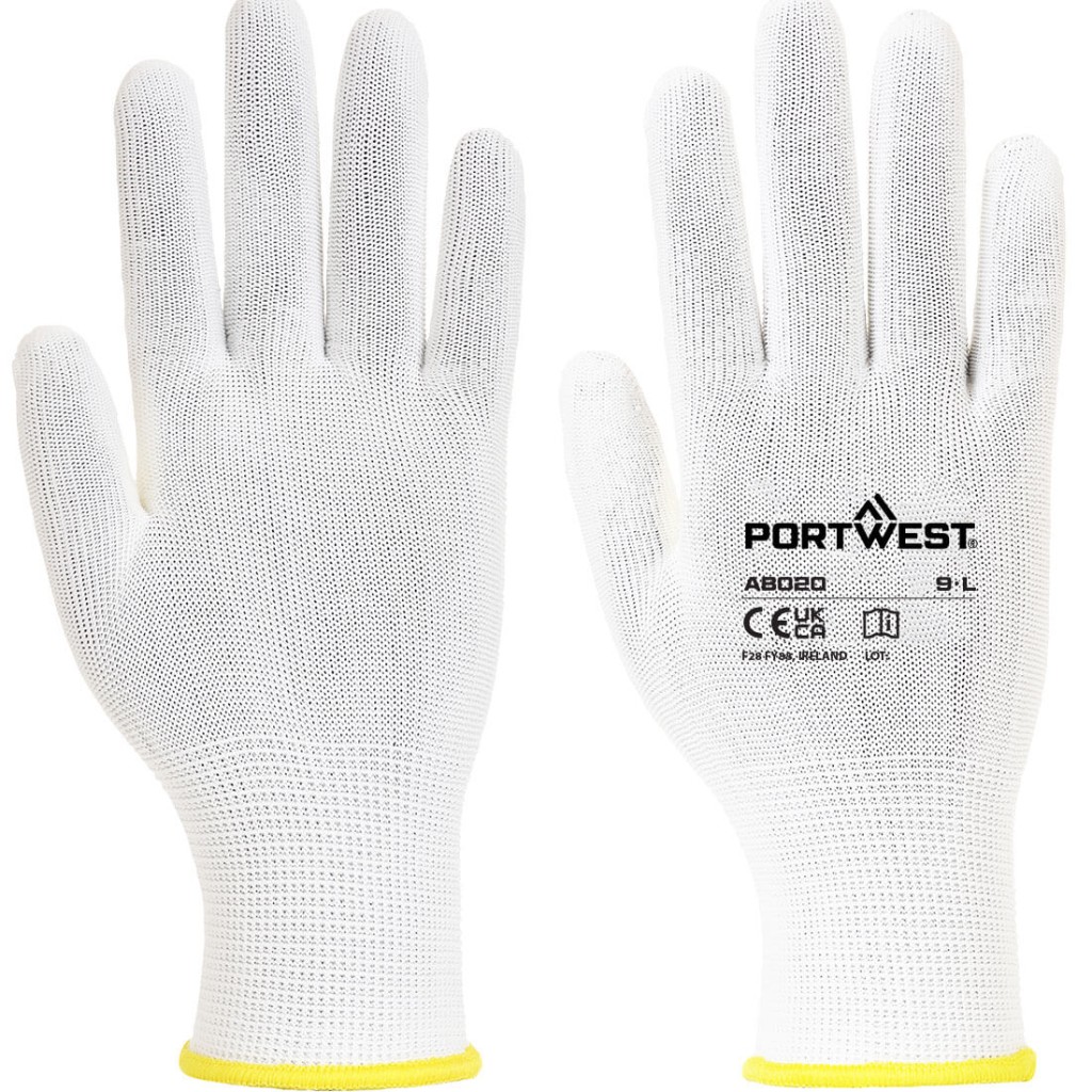 A pair of white work gloves with a textured grip palm and adjustable wrist closure, designed for general site use.