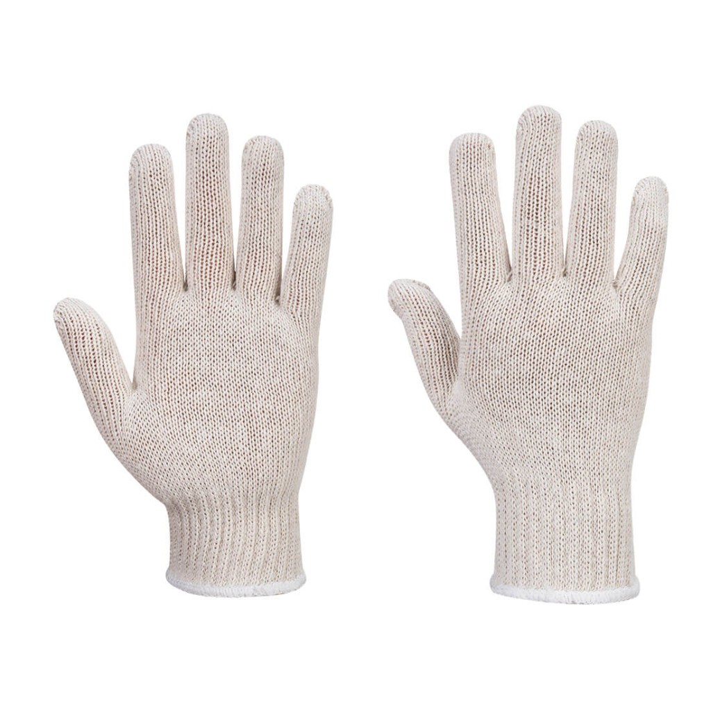 A pair of white work gloves with a textured grip palm and adjustable wrist closure, designed for general site use.