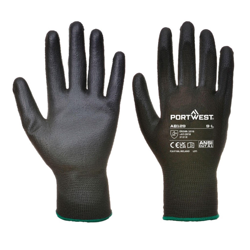 A pair of black work gloves with a textured grip palm and adjustable wrist closure, designed for general site use.