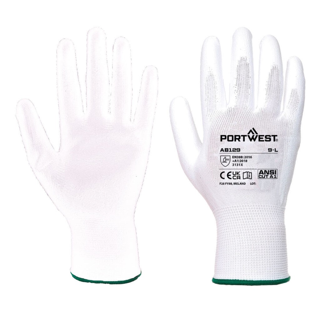A pair of white work gloves with a textured grip palm and adjustable wrist closure, designed for general site use.