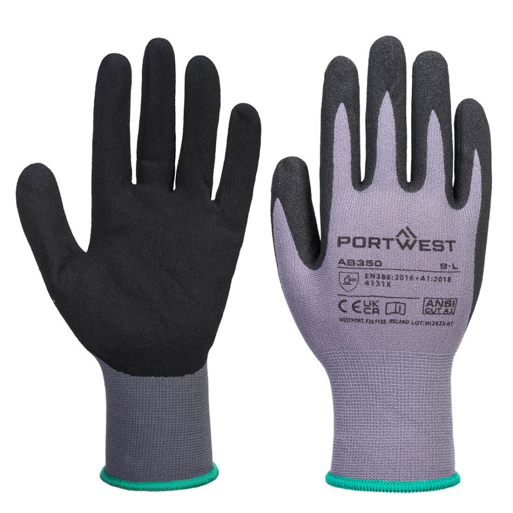 A pair of grey disposable nitrile gloves with a textured fingertip for grip, offering protection against chemicals and contaminants.