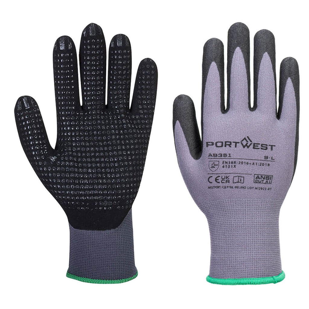 A pair of grey disposable nitrile gloves with a textured fingertip for grip, offering protection against chemicals and contaminants.