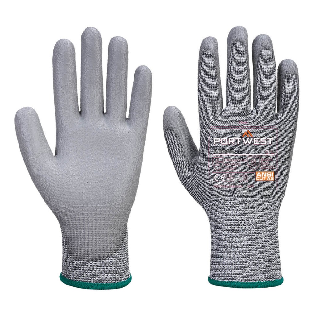A pair of grey work gloves with cut-level C13 protection, a textured grip palm, and an elasticated cuff for a secure fit.
