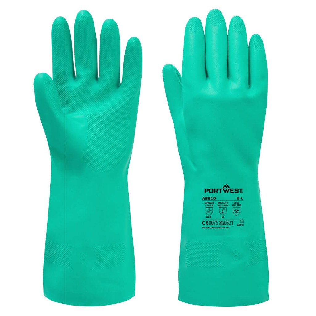A pair of green disposable nitrile gloves with a textured fingertip for grip, offering protection against chemicals and contaminants.