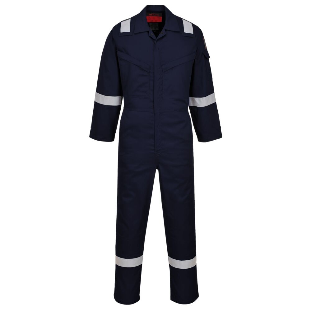 A navy blue coverall featuring flame-resistant fabric, suitable for a wide range of outdoor and site work applications.