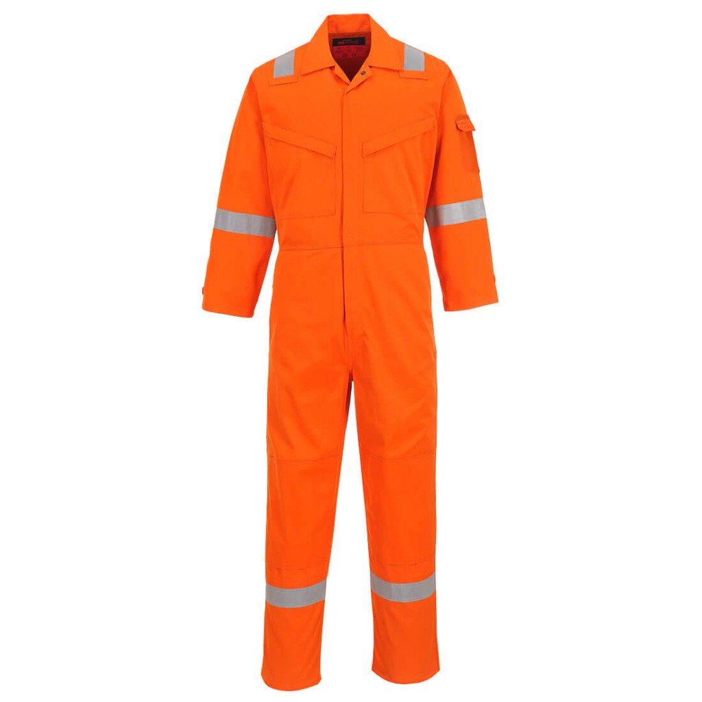 A orange coverall featuring flame-resistant fabric, suitable for a wide range of outdoor and site work applications.