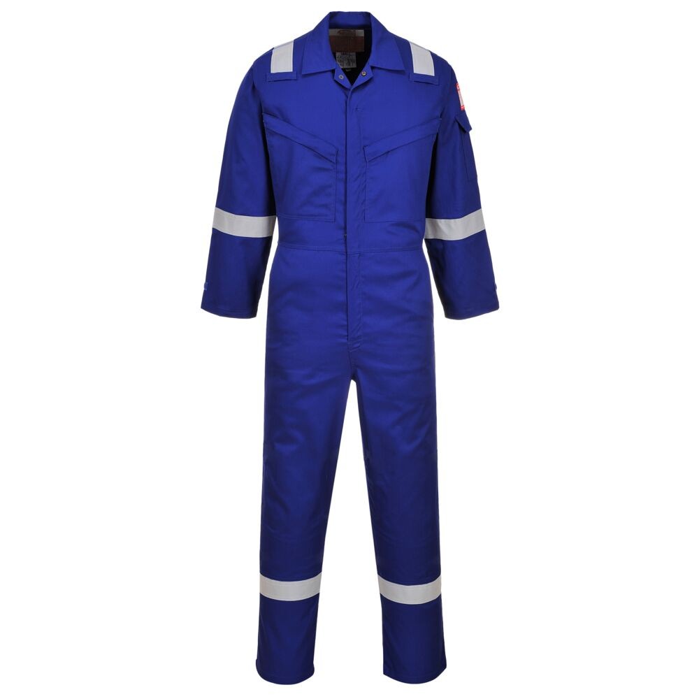 A blue coverall featuring flame-resistant fabric, suitable for a wide range of outdoor and site work applications.