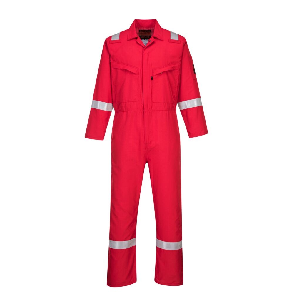 A red coverall featuring flame-resistant fabric, suitable for a wide range of outdoor and site work applications.