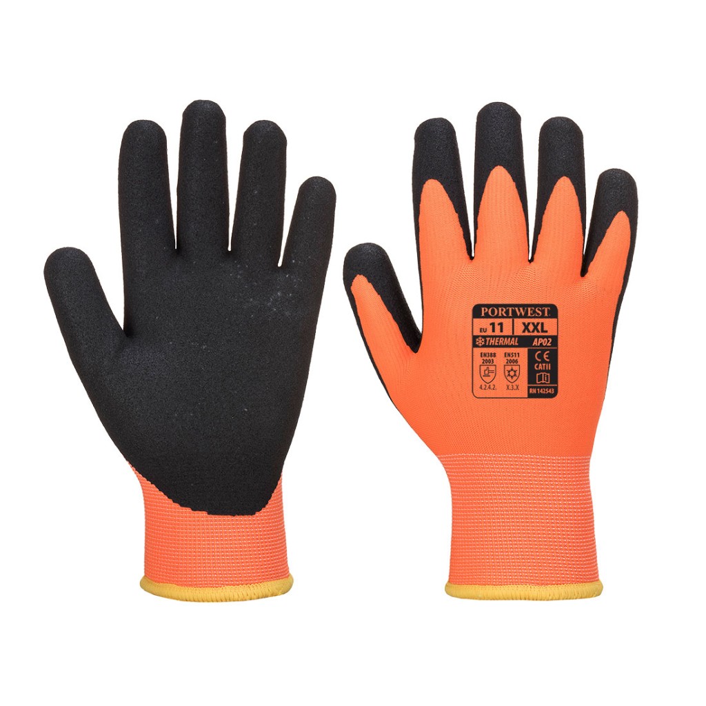 A pair of orange disposable nitrile gloves with a textured fingertip for grip, offering protection against chemicals and contaminants.
