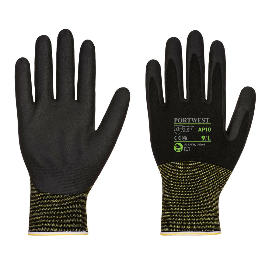 A pair of black disposable nitrile gloves with a textured fingertip for grip, offering protection against chemicals and contaminants.