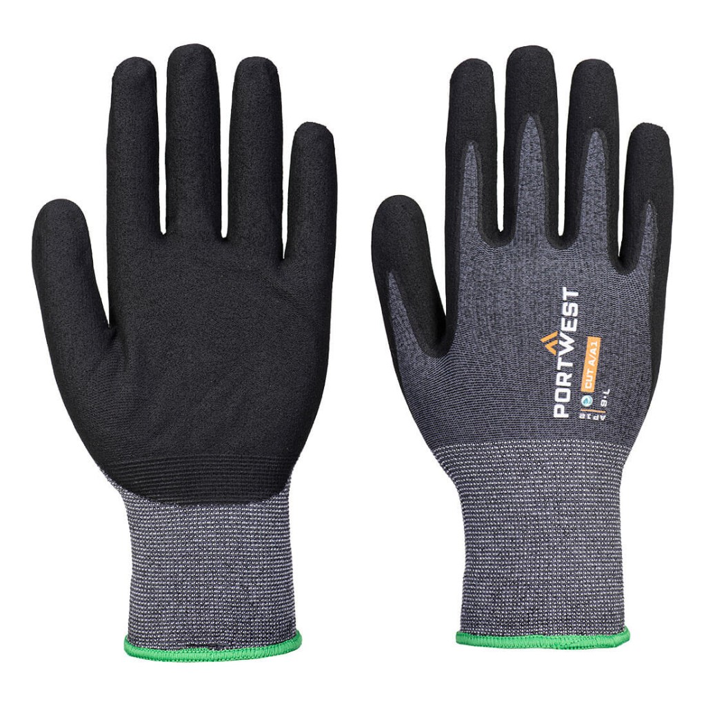A pair of grey disposable nitrile gloves with a textured fingertip for grip, offering protection against chemicals and contaminants.