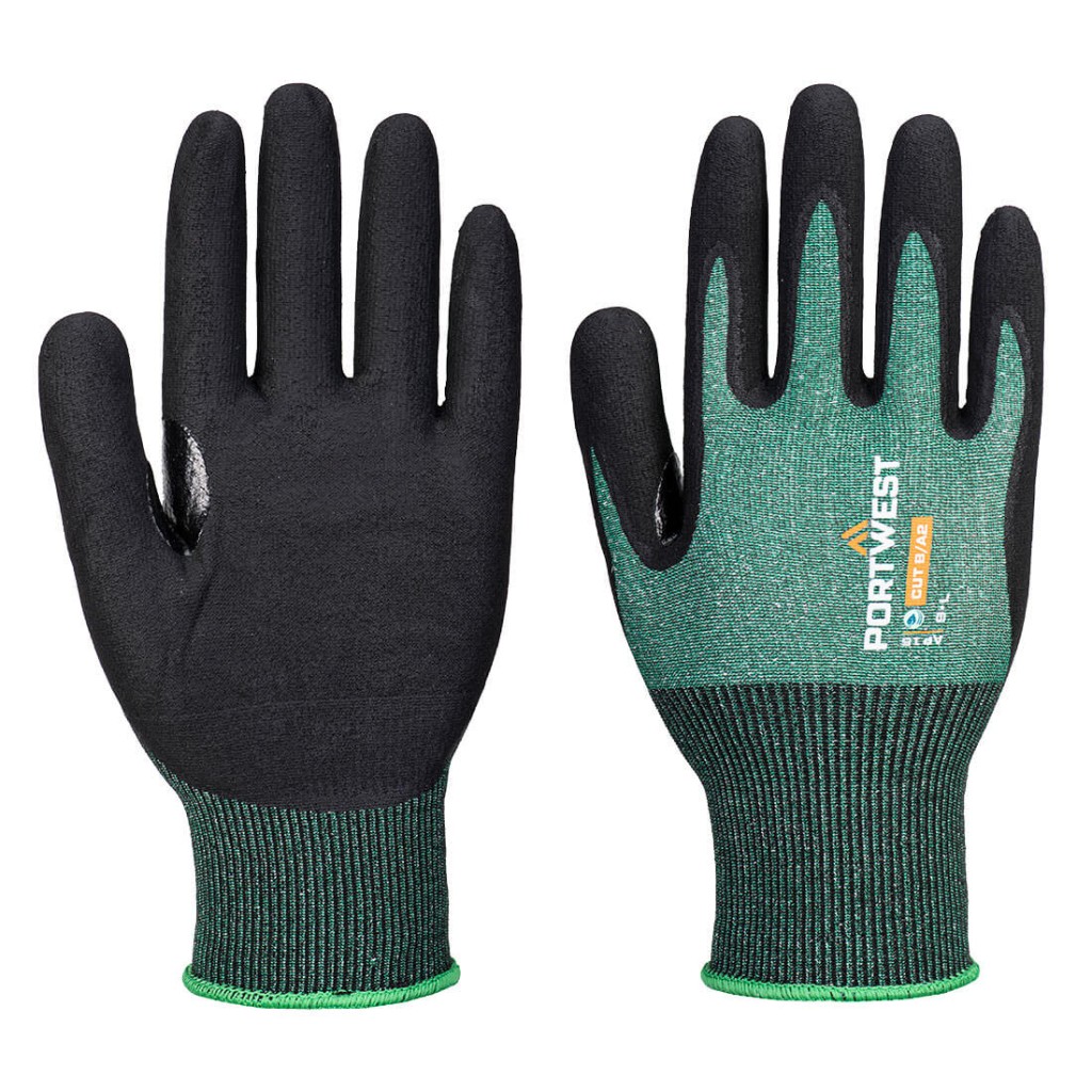 A pair of green disposable nitrile gloves with a textured fingertip for grip, offering protection against chemicals and contaminants.