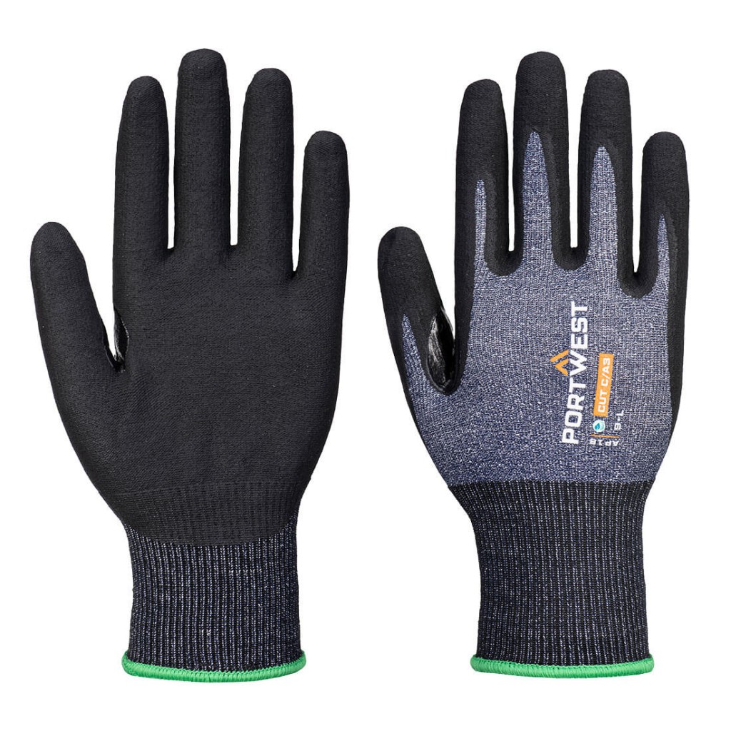 A pair of blue work gloves with cut-level C15 protection, a textured grip palm, and an elasticated cuff for a secure fit.