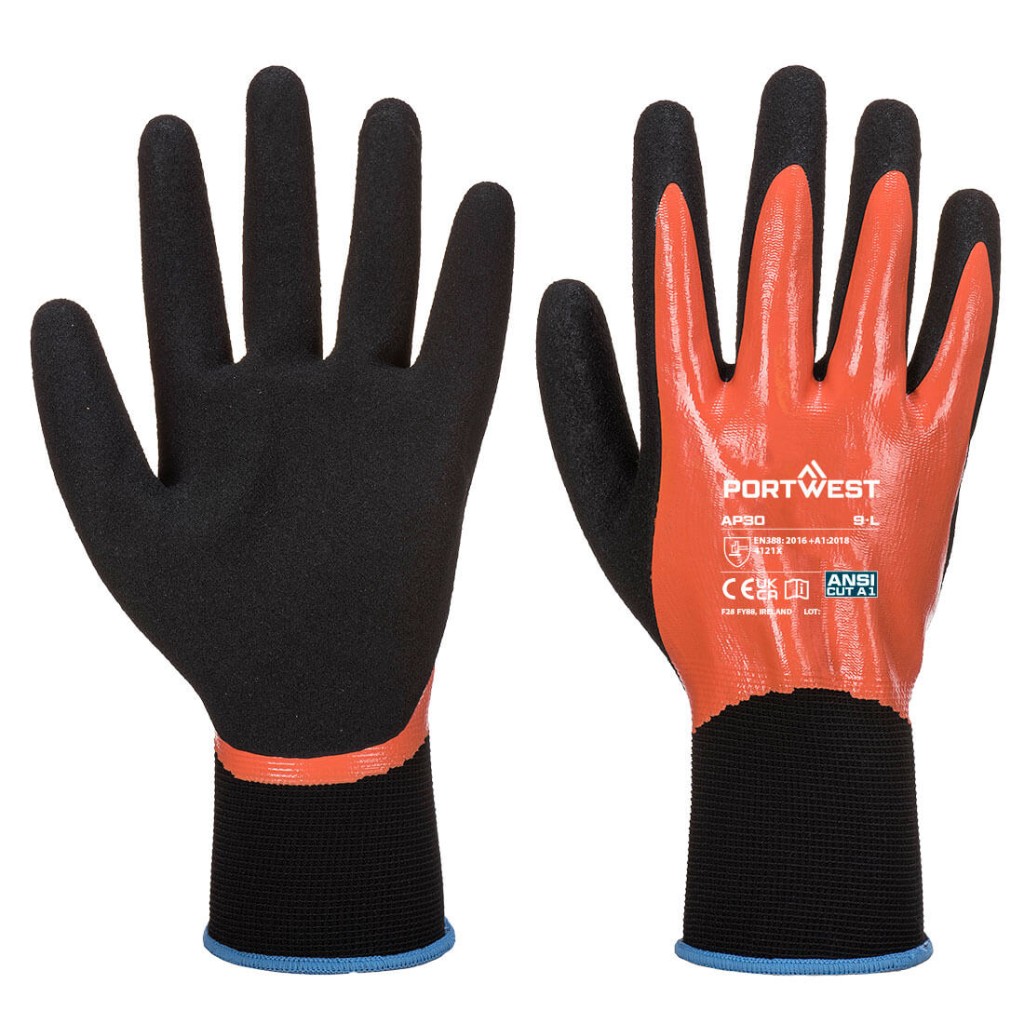 A pair of orange disposable nitrile gloves with a textured fingertip for grip, offering protection against chemicals and contaminants.