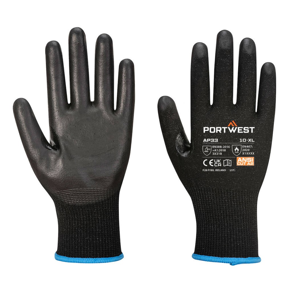 A pair of black work gloves with a textured grip palm and adjustable wrist closure, designed for general site use.