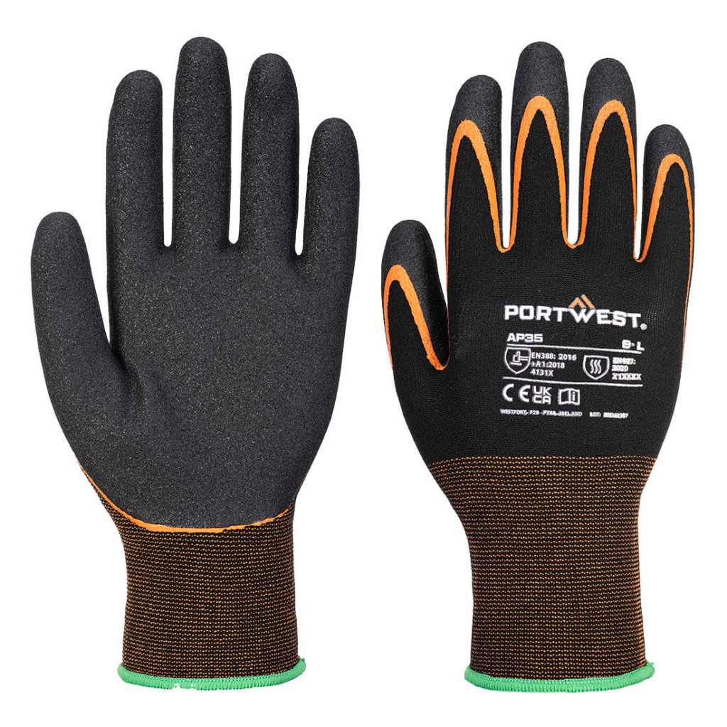 A pair of black disposable nitrile gloves with a textured fingertip for grip, offering protection against chemicals and contaminants.