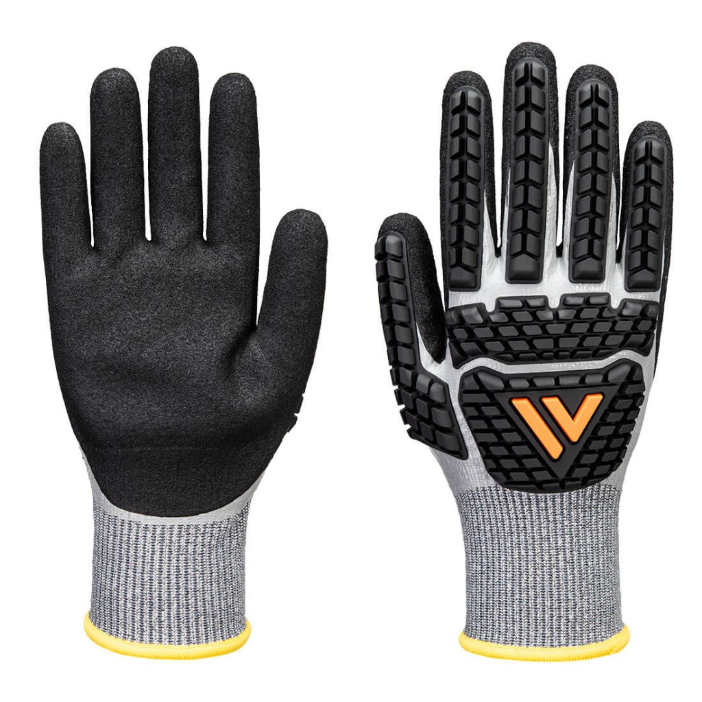 A pair of grey disposable nitrile gloves with a textured fingertip for grip, offering protection against chemicals and contaminants.