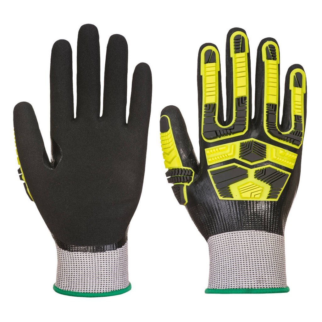 A pair of grey disposable nitrile gloves with a textured fingertip for grip, offering protection against chemicals and contaminants.