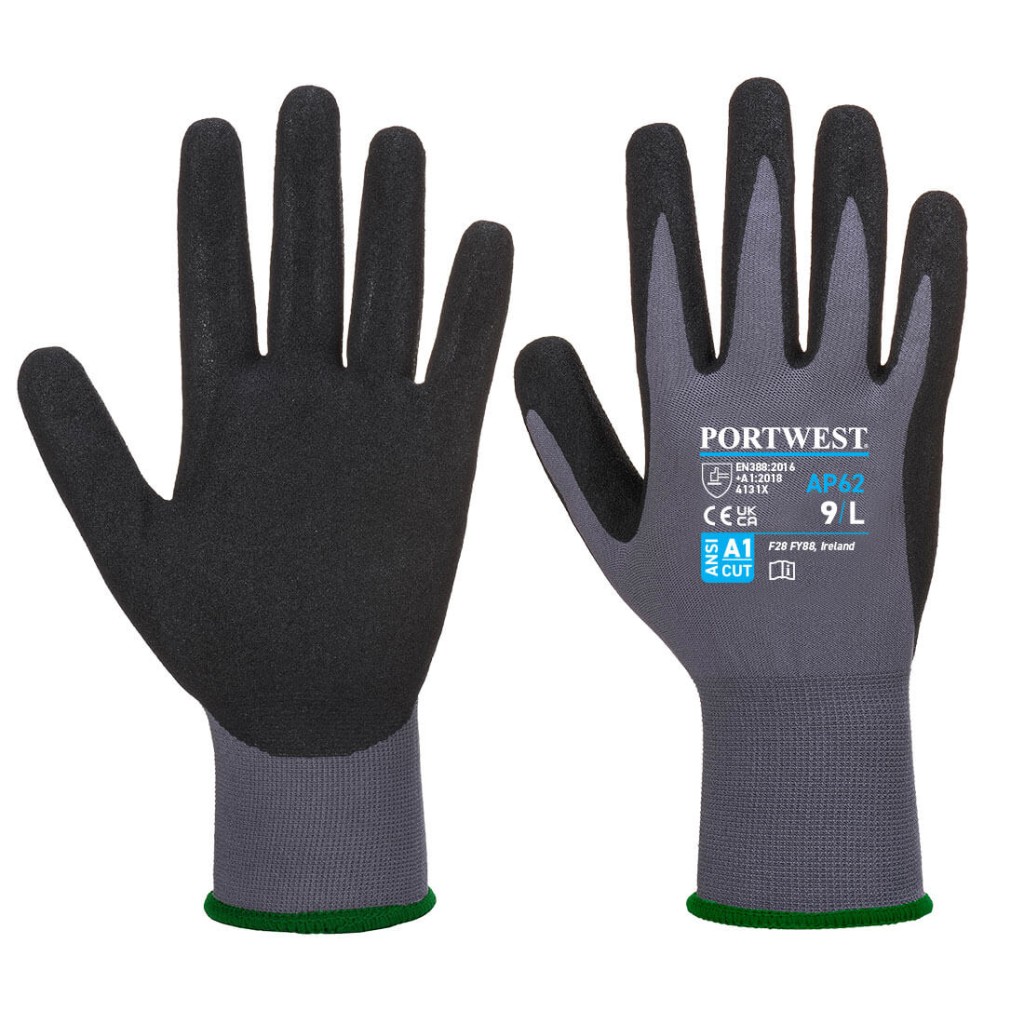 A pair of grey disposable nitrile gloves with a textured fingertip for grip, offering protection against chemicals and contaminants.