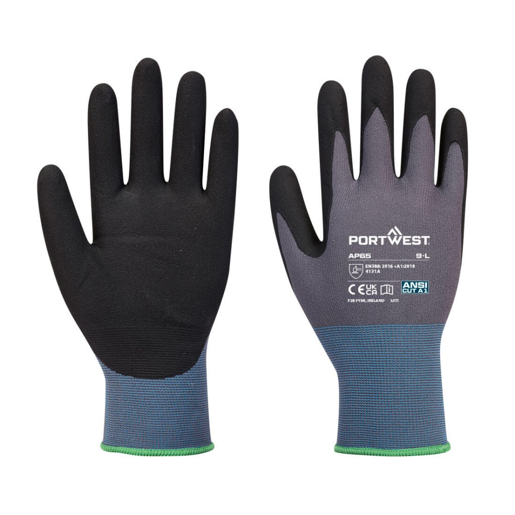 A pair of black disposable nitrile gloves with a textured fingertip for grip, offering protection against chemicals and contaminants.