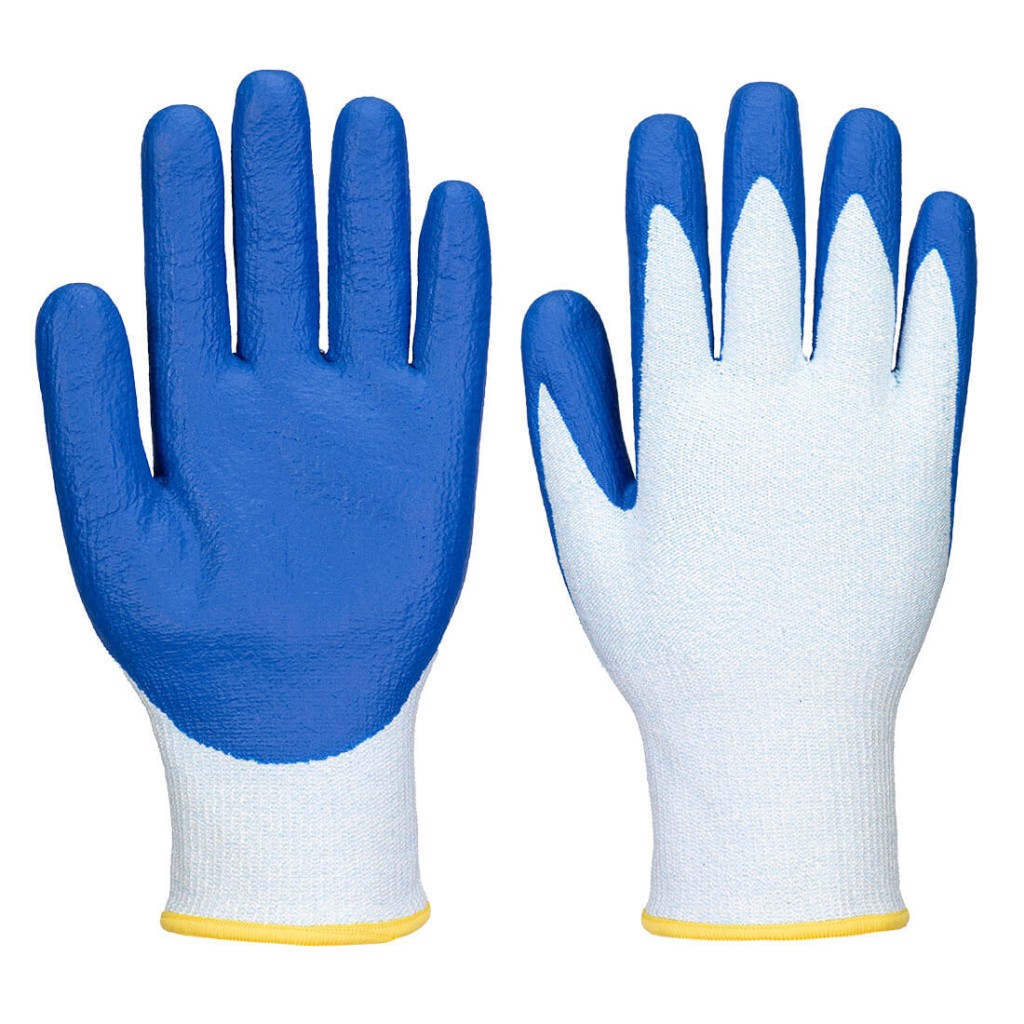 A pair of blue work gloves with cut-level C13 protection, a textured grip palm, and an elasticated cuff for a secure fit.